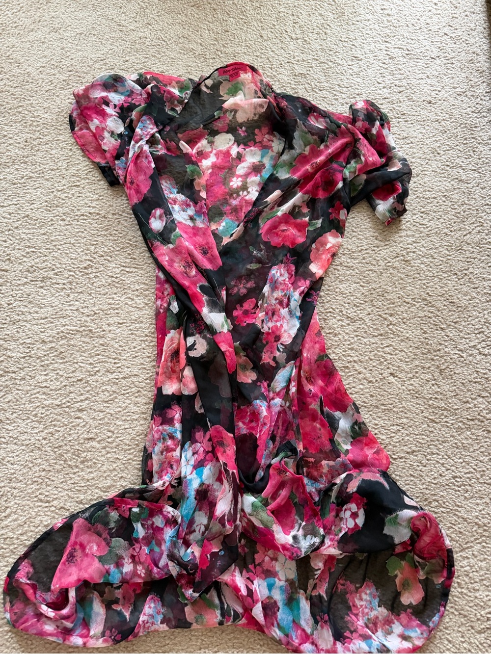 Betsey Johnson Black Floral Chiffon Duster with Pink & Teal Blooms